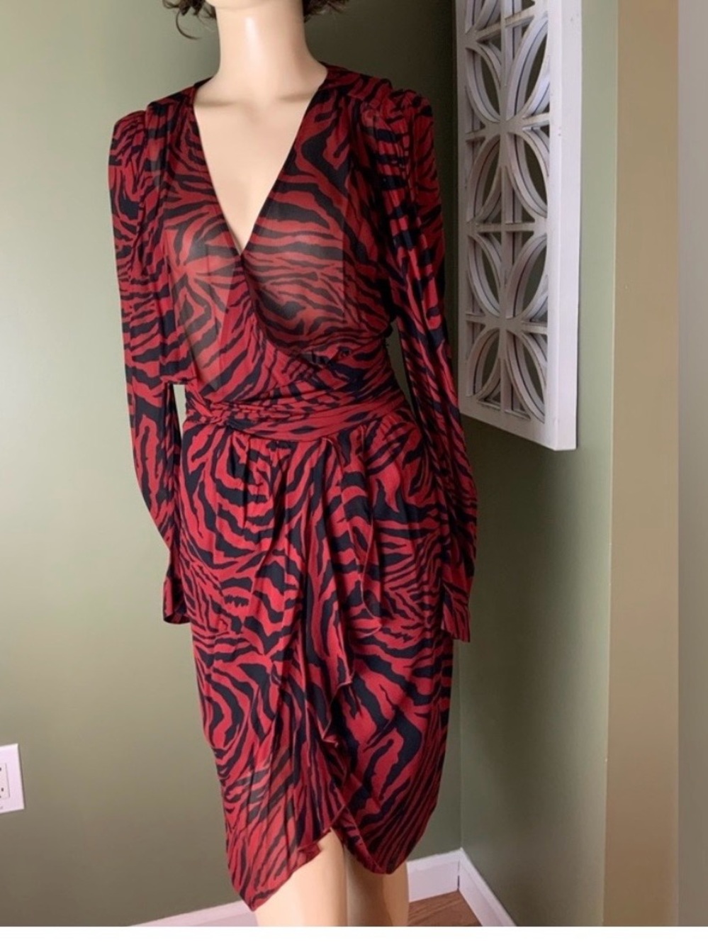 ba&sh Red and Black Long Sleeve Zebra Print Wrap Dress